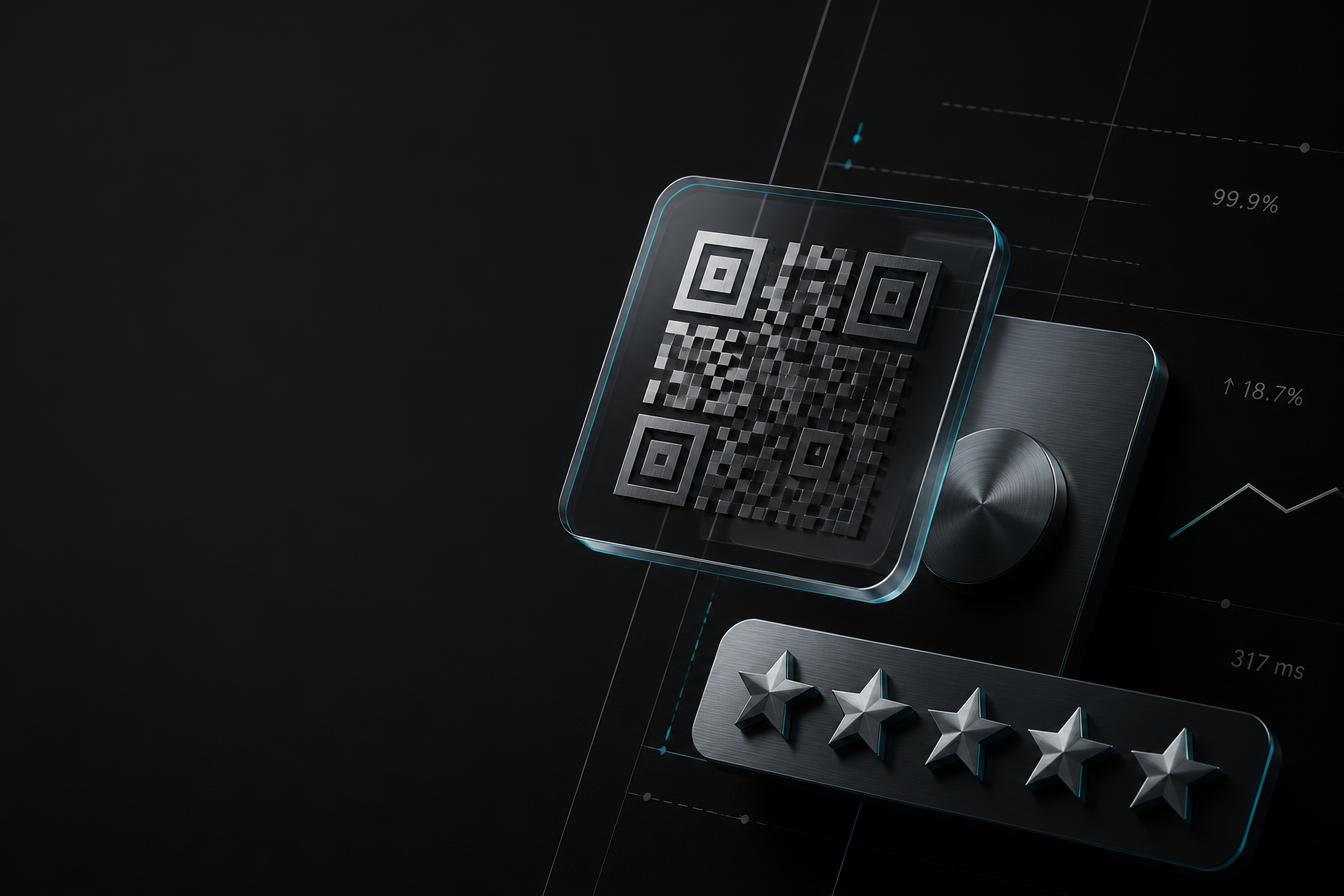 Abstrakt illustrasjon av QR-kode og 5-stjerners rating i et teknisk instrumentpanel